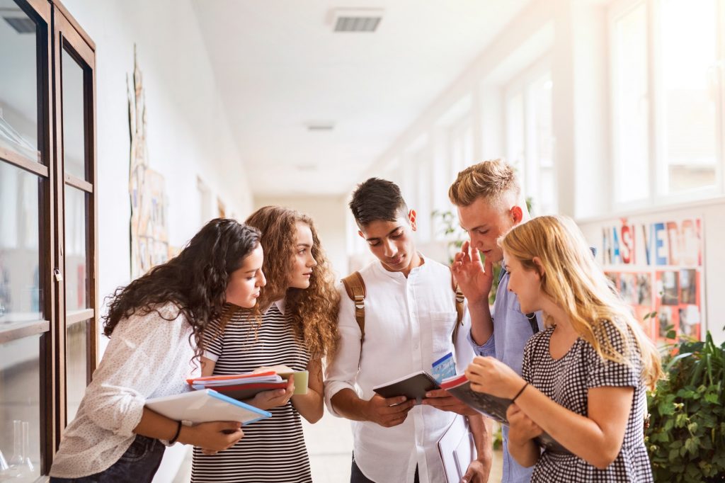 Teenage students in high school hall, talking.